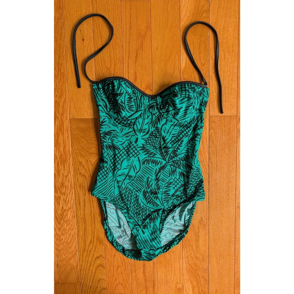 Vintage 80s Gottex One Piece Swim Suit High Leg Black Green Tropical Cup Bra S